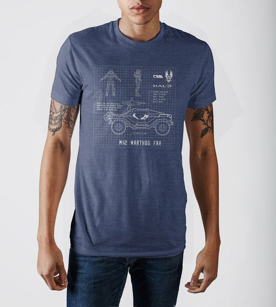 Halo Warthog Blueprint Design Navy Blue Graphic Print T-Shirt