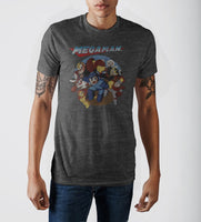 Capcom MegaMan Characters Vintage Logo Charcoal Grey Crew Neck Print T-shirt